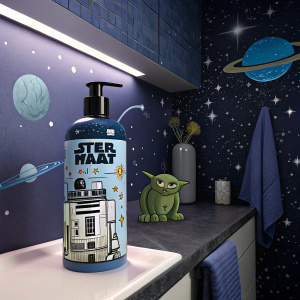 Star Wars themed shower gel on display at a galaxy-themed bathroom.