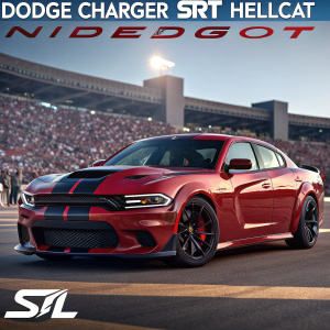 Digital ad featuring a sleek red Dodge Charger SRT Hellcat Widebody. Crowd visible in background. Highlighting car design, NFL and Dodge logos.