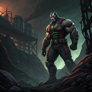 Bane, the powerful supervillain emerging from dark, rocky terrain. Dark industrial background with machines and rocks. Colors include dark hues with accents of green and red. Detailed digital illustration focusing on Bane's muscular physique.