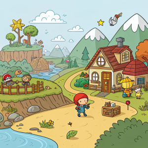 A vivid digital illustration from Scribblenauts Unlimited. Diverse environments, characters, and scenes with a mix of earthy tones and bright colors.