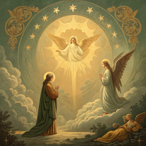 Album cover 'Gloria', featuring celestial imagery. Angelic figures, biblical motifs, warm hues of gold and olive tones, traditional religious art style.