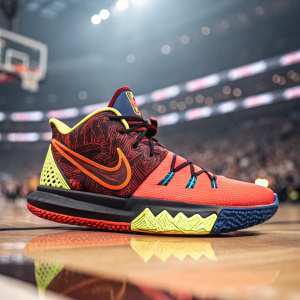 Close-up shot of Kyrie Irving's signature sneaker. Nike Kyrie 7, vibrant colors against a blurred stadium backdrop.