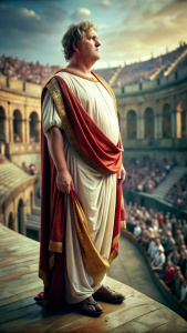 Emperor Nero in ancient rome. acting in a roman theater. people watching. HD.  8K. ULTRA REALISTIC. cinematic light. expressive face. full body.