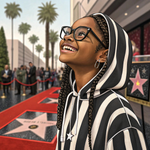 Marsai Martin at the Hollywood Walk of Fame unveiling ceremony. Wearing a black and white striped hoodie and matching braids. Black-framed glasses, smiling broadly.