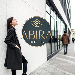 Modern logo for luxury fashion brand Abira Collection. Abstract design with text 'ABIRA COLLECTION' in a stylish font. Shown on white and black backgrounds. Digital illustration.