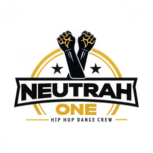 Neutrah One Hip Hop Dance Crew logo. Bold design, modern font, hands graphic at top, black and yellow color scheme, white background.