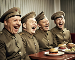 Laughing Red Army officers wisitting at a table in an American burger joint with hamburgers and fries, black and white drawing