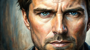 A close-up portrait of an Tom Cruise with a weathered face and wise eyes, painted in a realistic style with a subtle color palette, inspired by the works of Rembrandt and John Singer Sargent