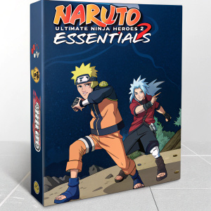 Naruto: Ultimate Ninja Heroes 2 Essentials video game box art. Dark blue background with Naruto characters