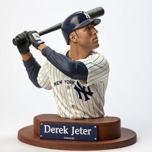 Derek Jeter collectible figurine, intense stance, white and pinstripe baseball jersey, New York Yankees hat, nameplate included, on a brown display base, detailed expression.