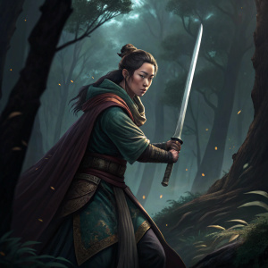 Eravena Akiyama, an Asian warrior in a fantasy setting. She wears a mix of traditional and mystical clothing, holding a sword. Dark forest backdrop, she is ready for battle.