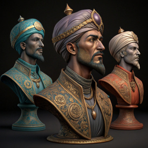 3D digital render of intricate Aladdin character sculptures. Multiple angles showcasing detailed design against dark backdrop.