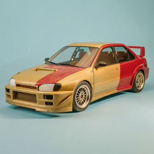 Photorealistic rendering of a Subaru Impreza rally car, with racing livery, against a sleek black background