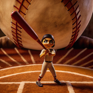 Shoma Sawamura, from Rival Schools, in a dynamic 3D animation. Baseball uniform, holding red bat, on a pitch. Abstract background