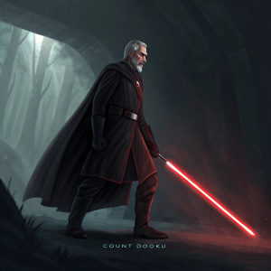 Detailed digital art of Count Dooku. Standing in shadowy lair. Wields red lightsaber. Dark background with signature at bottom.