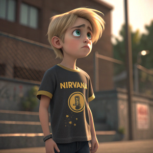3D render of a cartoon character, a young boy with worried face, short blonde hair, and t-shirt with Nirvana logo.