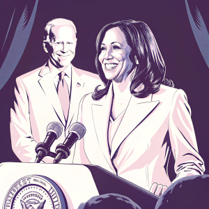 Kamala Harris smiling at a press conference. Joe Biden in the background.