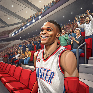 Russell Westbrook, star of the NBA, posing with a broad smile. Behind the scenes at the All-Star Game. The venue, a modern gym, filled with spectators in red seats, cheering on their favorite players.