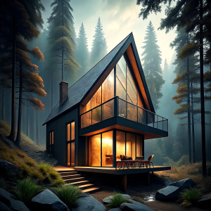  architecturally modern cabin, surrounded by trees in a forest