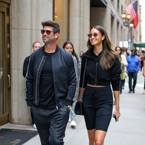 Robin Thicke and April Love Geary, both wearing casual outfits, stroll down a busy city street. Amidst a crowd near a building's entrance.