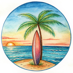 añade una tabla de surf en una playa con una palmera. que el dibujo se circular. que la tabla de surf tenga los colores de puerto rico