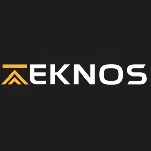 Minimalist design of Teknos logo. Elegant, modern layout on a sleek black background.