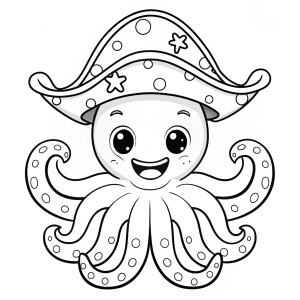 Coloring page , Smiling cartoon kraken wearing multiple pirate hats, simple tentacle design, bold outlines, kid-friendly




