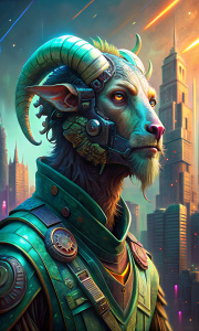 sheep man, spiralized horns, facial implants, Cyberpunk, 3/4 head, There's a cyberpunk city in the background