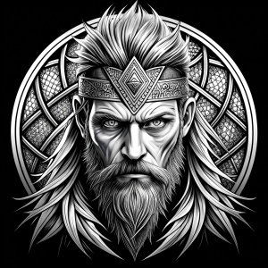 walhalla, viking warrior,  runics face, black work, white backrounds