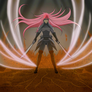 Digital artwork of Katarina, anime-style. Long pink hair, dramatic stance. Dark purple backdrop with swirling pink energy.