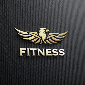 A sleek and stylish logo for a fitness brand. A metallic eagle symbol with the wordmark 'FITNESS' in bold, sans-serif font. Set against a dark, textured background.