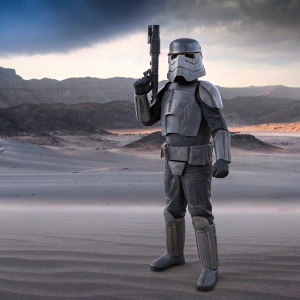 Star Wars Transport Trooper action figure, standing in front of a desert planet scene. Hard armor suit, helmet with visor, holding gun. Gray and metallic tones. Collectible action figure.