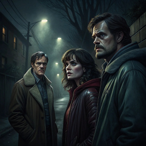 Michael Shannon, Carla Gugino, and Taylor John Smith in the thriller 'Wolves'. Nighttime alley scene, with dim streetlights casting eerie shadows. Foreboding atmosphere, the trio standing together