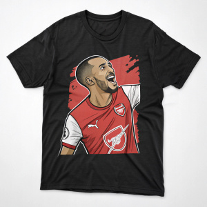 Illustration of Theo Walcott on a black t-shirt. Cartoon style, Arsenal logo and name in the design.