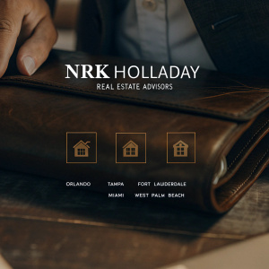 Brochure for NRK-Holladay Real Estate Advisors. Offices located in Orlando, Tampa, Fort Lauderdale, Miami, and West Palm Beach. Services include property management, leasing, and development for healthcare facilities. Contact info and professional design.