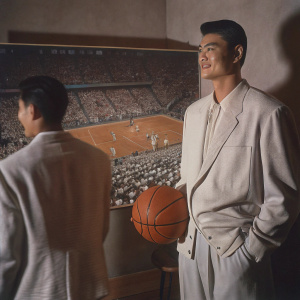 Yao Ming, standing in a studio setting, posing with a basketball. Behind him, a giant billboard of a crowded basketball arena.