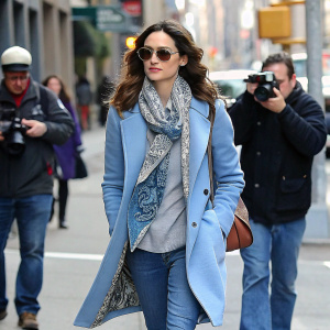 Emmy Rossum in casual wear, light blue coat, scarf with intricate design, sunglasses. Candid moment in busy city street. Professional photographer in the background captures the scene.
