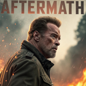 Film poster for 'Aftermath'. Arnold Schwarzenegger amidst a fiery explosion, close-up intense expression. Title in bold letters.