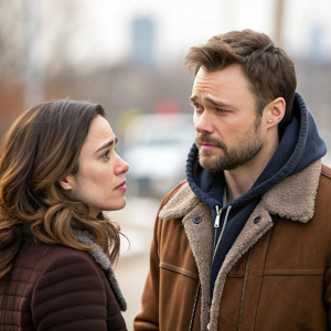 Marina Squerciati as Kim Burgess and Patrick John Flueger as Adam Ruzek from 'Chicago P.D.' in an outdoor scene. Adam wears a brown fur-lined jacket. The blurred background highlights their interaction.