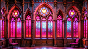 wall hight gothic hight four window glass ,wood wall design - perfect realistic art,wood - high-definition - brown and black wood wall- old stone grey background 