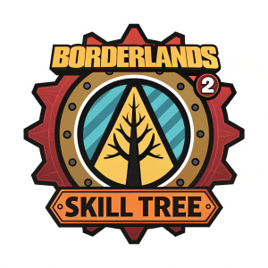 Official Borderlands 2 logo. Vibrant colors, detailed emblem. Text reads 'Skill Tree'.