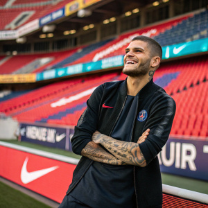 Mauro Icardi, soccer star, broad smile. Posing for a Nike ad. Stadium background with vibrant red seats and advertising boards.