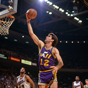 John Stockton, a professional basketball player, mid-game shot. He wears a Utah Jazz jersey with number 12. Action shot on basketball court.