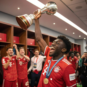 Alphonso Davies, soccer star, celebrating victory in locker room. Teammates cheering around him.
