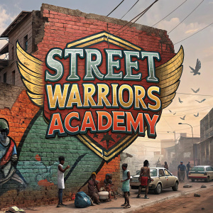 A vibrant mural featuring the Street Warriors Academy logo painted on a weathered brick wall in a bustling urban neighborhood.