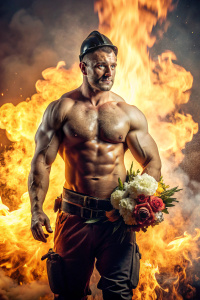 Cinematic hot undersized firefighter aged 40 years, Slavic appearance, white man, shirtless, with muscular abs, round face,  fashionable hairstyle, short neck, rotund, holding out a large bouquet, a fiery flame in the background.
