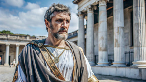 Portrait of Roman philosopher Seneca, dressed in traditional Roman clothing, with ancient Roman architecture in the background.