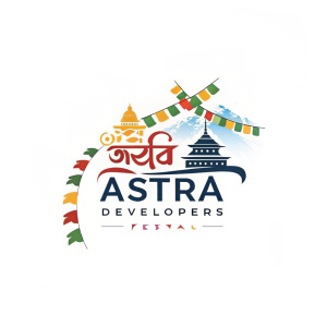 Modern logo design for Nepali festival, merging traditional Nepali script with vibrant colors. Includes Astra Developers branding.