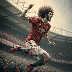 Marouane Fellaini, the professional footballer, mid-jump in the stadium. Curly hair, focused expression, blurred background of fans