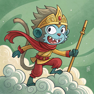 Digital illustration featuring a cartoon character inspired by Sun Wukong, the Monkey King from Chinese folklore. Dynamic floating pose on cloud-like formations, vibrant green background, blue face, sharp teeth, golden headpiece, and red scarf